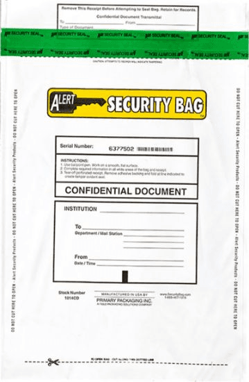The Baltimore Courier Company's tamper-evident numbered security bag, showing the serial number, tear-off receipt, and VOID-pattern security seal